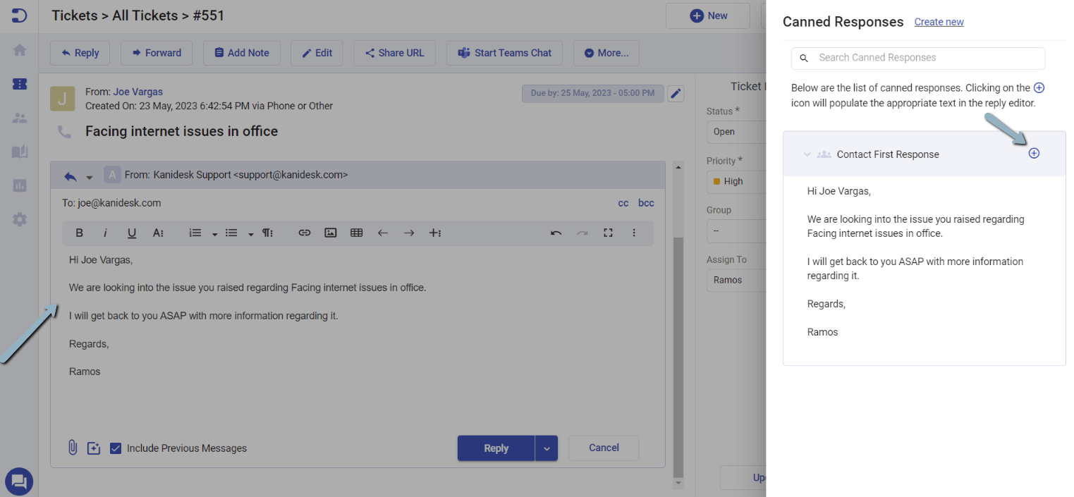 inserting a canned response into the ticket reply editor
