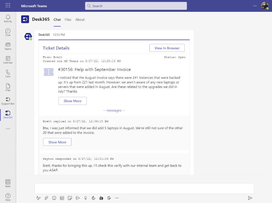 view the ticket history details in Desk365 agent bot for Microsoft Teams